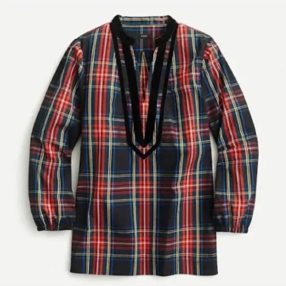 J. Crew Velvet-Trimmed V-neck Long Sleeve Tunic in Black Stewart Tartan Plaid - Picture 1 of 6